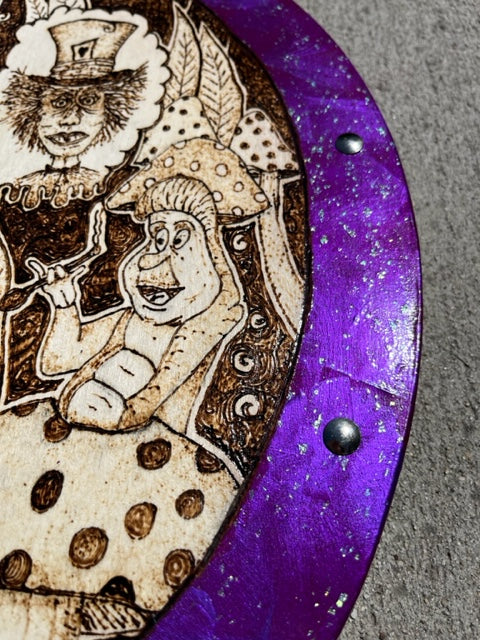 "Alice Trippin' Ball" Wood Pyrography Shield