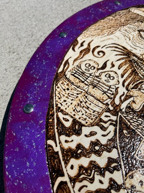 "Alice Trippin' Ball" Wood Pyrography Shield