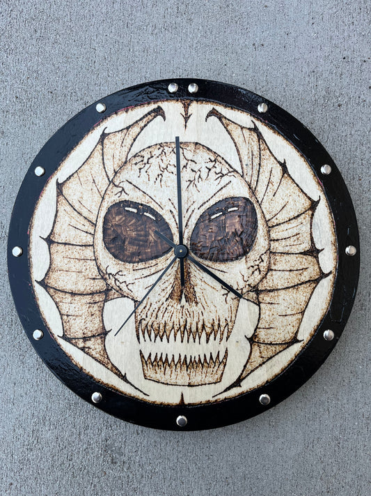 "Batwing Skull" Wood Pyrography Clock